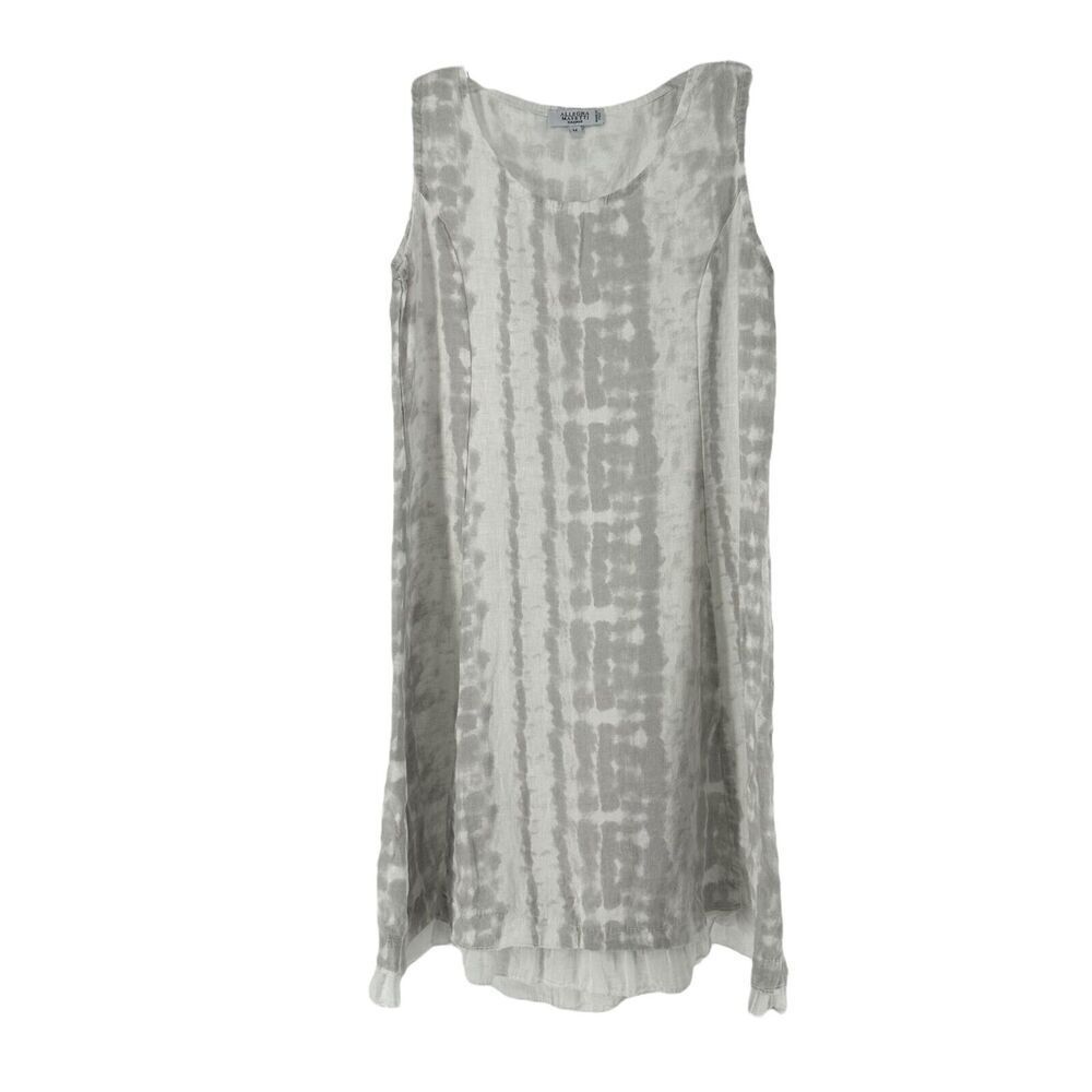 Italian Linen Dress Allegra Masetti Size M Sleevless Ruffle Gray White Beach